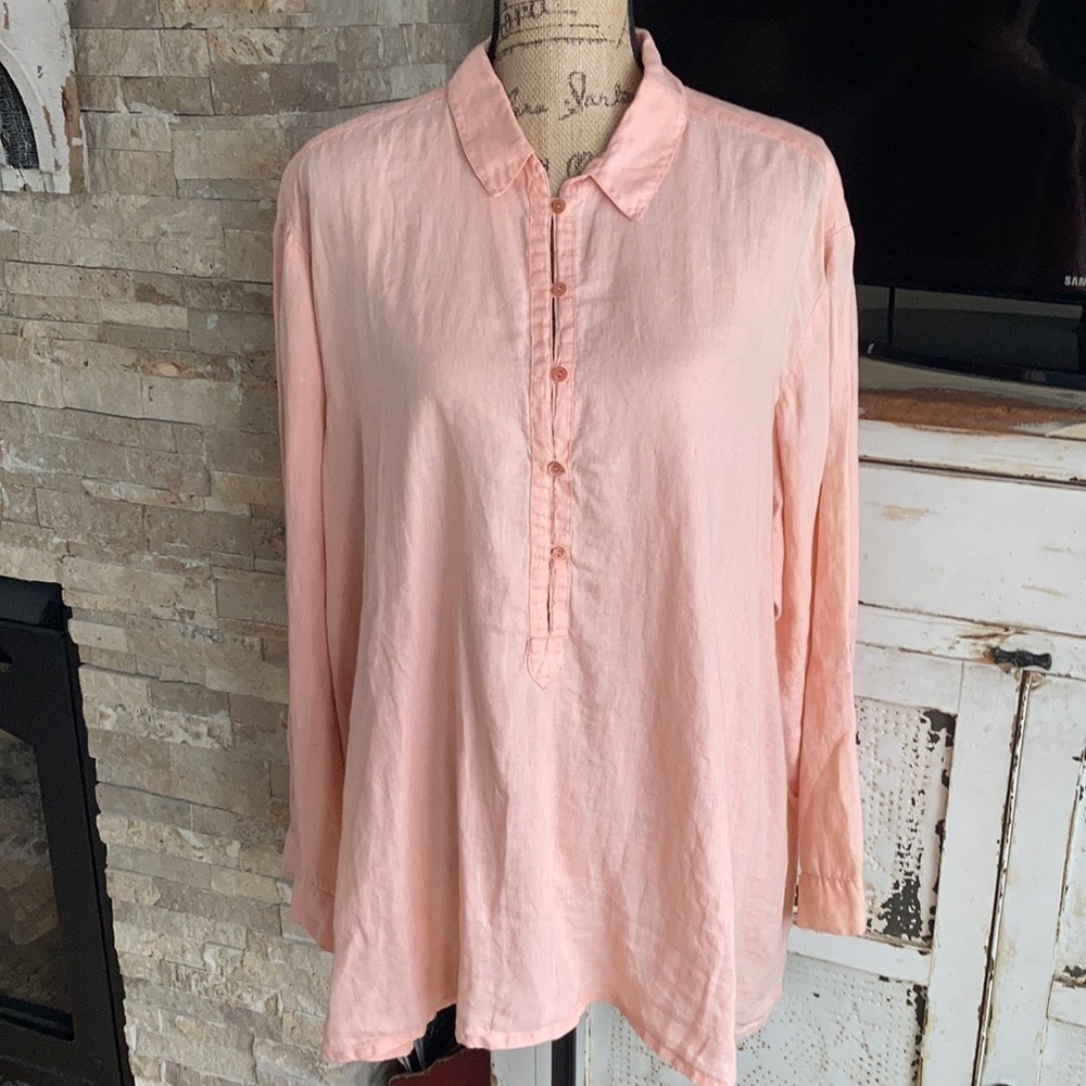 Eileen Fisher 100% irish linen peach half button long sleeve swing style shirt